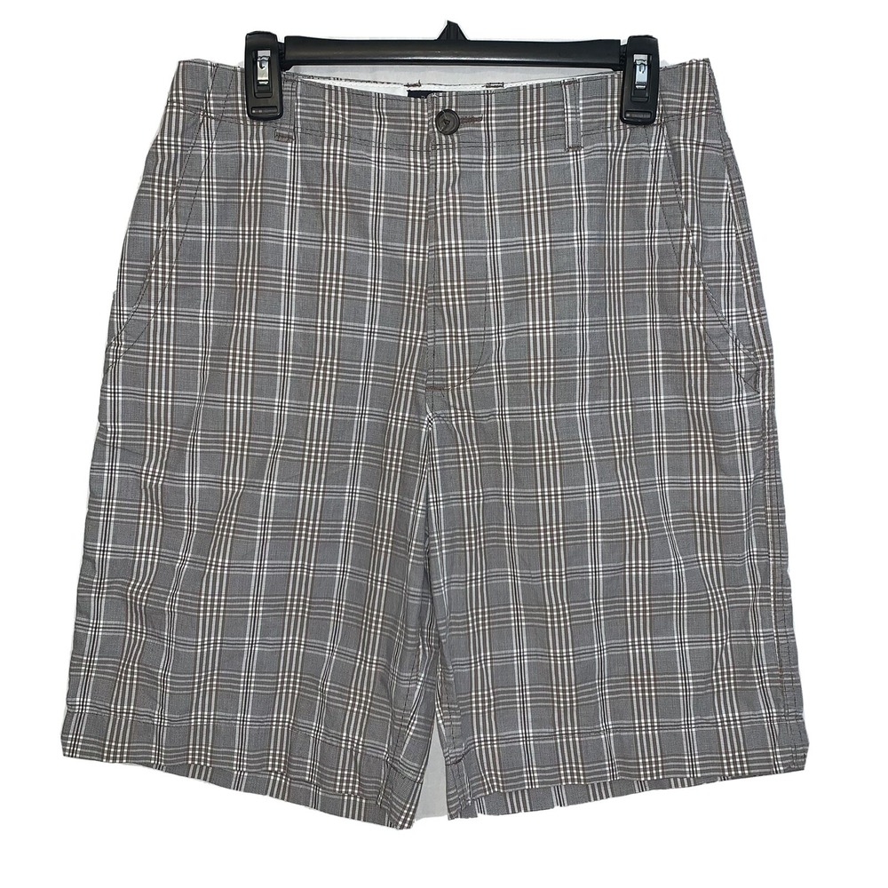 Banana Republic Plaid Chino Shorts Mens 32 Grey Brown White Flat Front Pocket